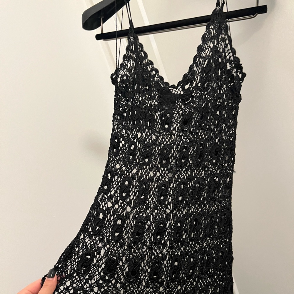 Vintage Guess crochet sheer lace black dress with fringe hem